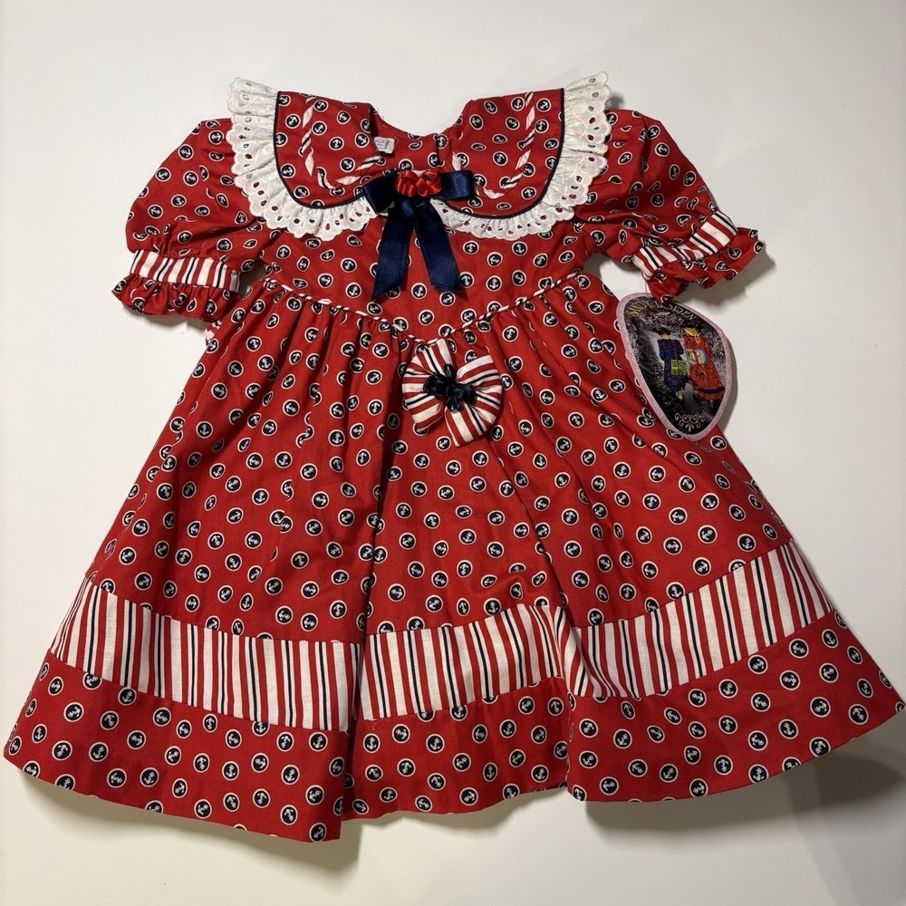 Girls Red Polka Dot Cotton Dress with Navy Bow
